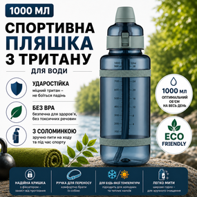 Спортивная бутылка для воды 1000 мл из тритана с соломинкой, Бирюзовая - Ударопрочная и без BPA