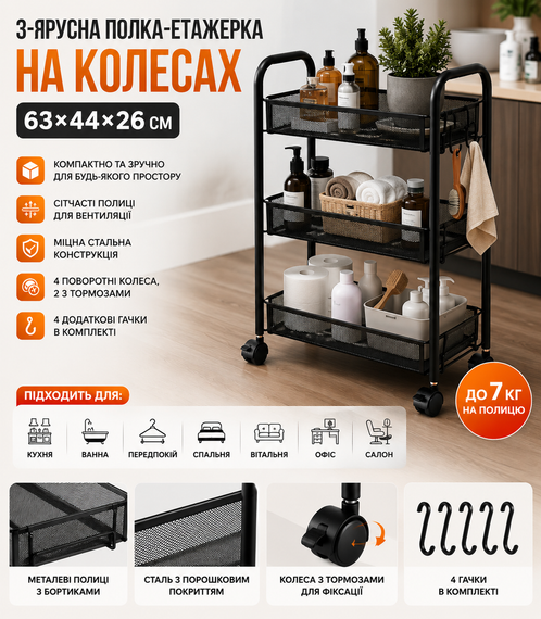 Полка-этажерка 64207 / Стеллаж этажерка с тремя полками / Стеллаж на колесах с сетчатыми полками