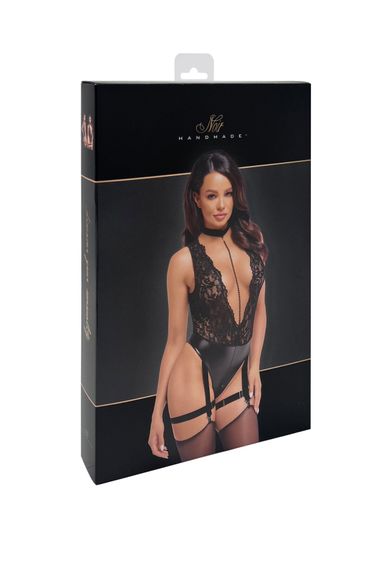 Боді Noir Handmade F297 Libido, XXL, чорне, мереживо, низ під латекс, відкритий доступ, гартери | Зображення 5
