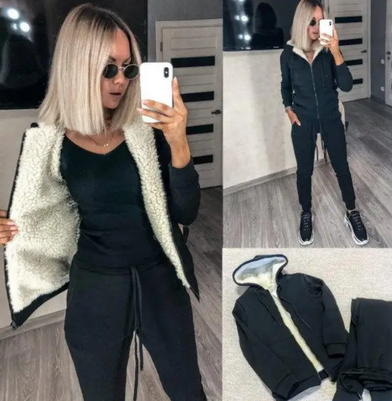 Женский теплый спортивный костюм на меху, GF5799 цвет черный, размер 46/48 | Зображення 1