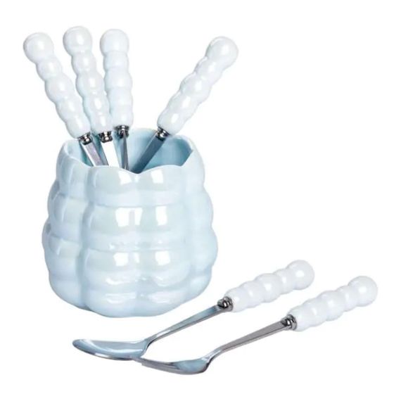 Набір десертних виделок і ложок на 3 персони з підставкою з порцелянау 7 предметів Блакитний HP-20-57 | Зображення 3