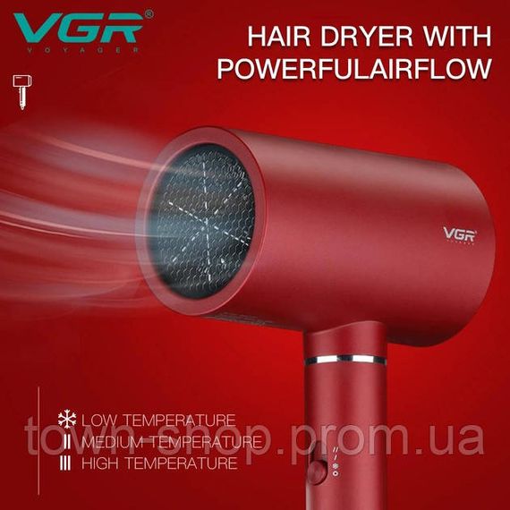 Профессиональный фен для волос VGR V-431 мощностью 1600-1800 Вт с режимом холодного воздуха. Цвет: красный | Зображення 1