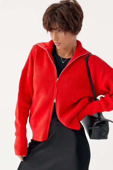 В'язаний кардиган на блискавці з високим коміром - червоний цвет, ONE SIZE (є розміри)