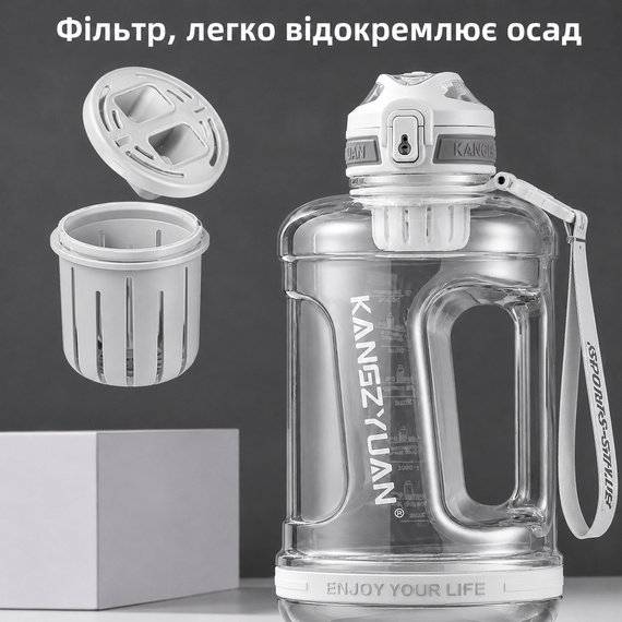 Эко-бутылка KANGZYUAN 2200 мл (2.2 л) - Белая Tritan BPA-free, ударопрочная, спортивная с ручкой и ремешком | Зображення 3