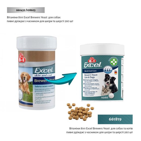 Вітаміни 8in1 Excel Brewers Yeast для собак та котів, пивні дріжджі з часником, для шкіри та шерсті, 260 шт | Зображення 1