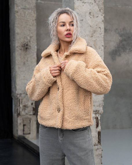 Женская короткая куртка мех Тедди, MN0002  цвет бежевый  размер XL | Зображення 2