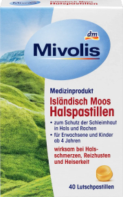 Mivolis леденцы с исландским мхом для горла — при боли, кашле и хрипоте, 40 пастилок, Германия