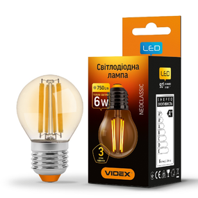 Лампа G45 6W E27 2200К 220V Filament A LED Videx