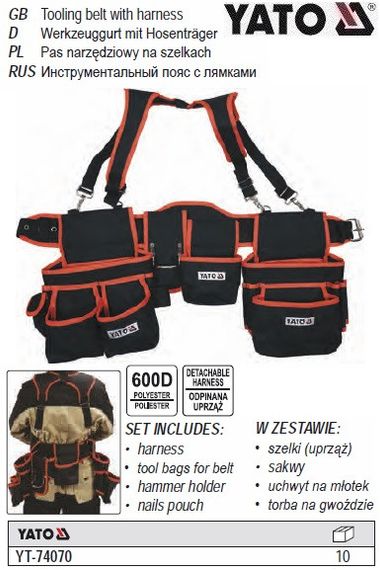 Пояс для инструмента YATO Польша 2 накладные сумки лямки l=1280 мм YT-74070