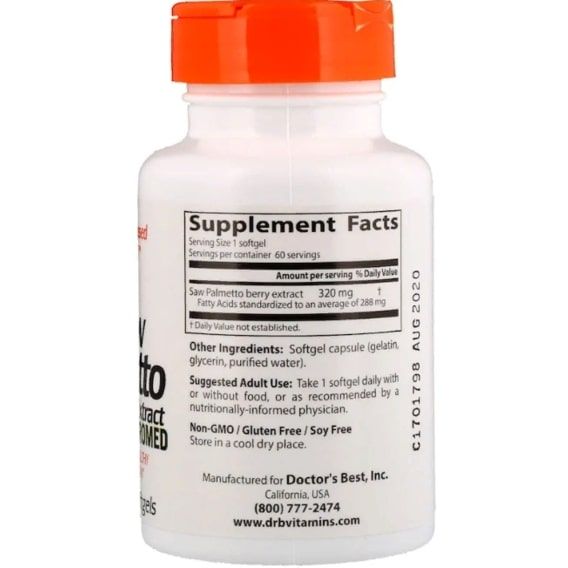 Екстракти ягід сереноа Doctor's Best Saw Palmetto, Standardized Extract with Euromed 320 mg 60 Softgels DRB-00082 | Зображення 1