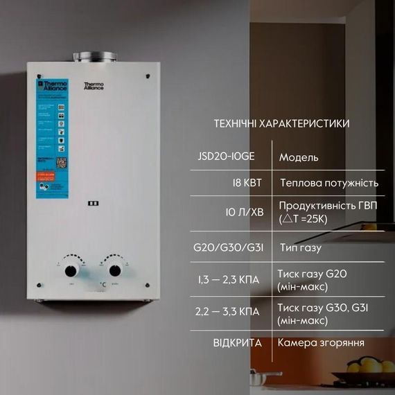 Колонка газова димохідна Thermo Alliance JSD20-10GE 10 л панель зі скла White | Зображення 2