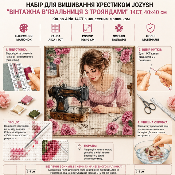 Набір для вишивання за нанесеною на канву схемою JOZYSH 40x40 см "Вінтажна В'язальниця з Трояндовими" AIDA 14CT | Зображення 1
