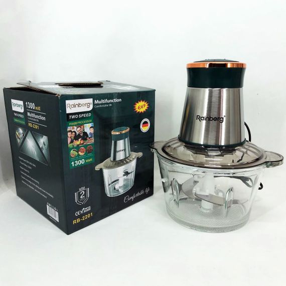 Блендер стаціонарний Rainberg RB-2201 кухонний подрібнювач 1300W чаша скляна на 2 л подвійне лезо чоппер | Зображення 1