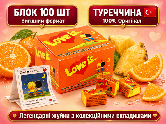 Жувальна гумка Love is Апельсин-Ананас блок 100 шт, оригінальна турецька жуйка Лав із з вкладишами в коробці