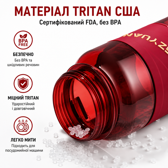 Спортивная бутылка KANGZYUAN 1000 мл (1 л) - Красная Tritan BPA-free, ударопрочная эко-бутылка с течком и ремешком | Зображення 5