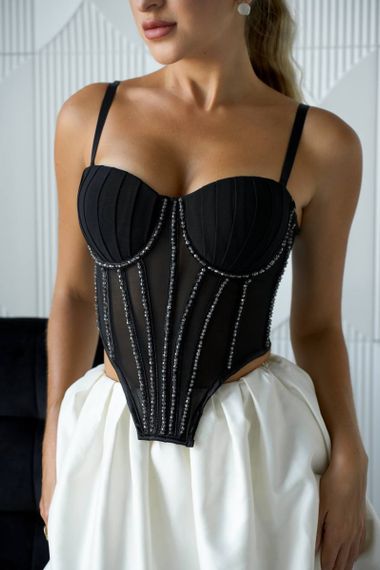 Розкішний стильний чорний корсет-топ з м`якими чашками та камінчиками | Зображення 6