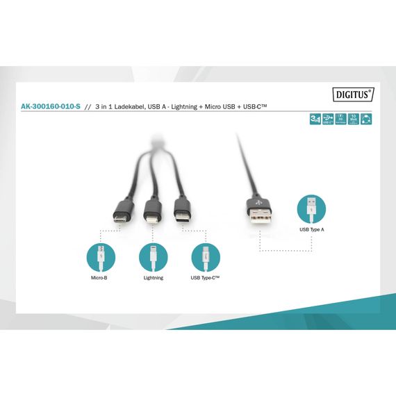 Дата кабель USB 2.0 AM to Lightning + Micro 5P + Type-C 1.0m charge only Digitus (AK-300160-010-S) | Зображення 7