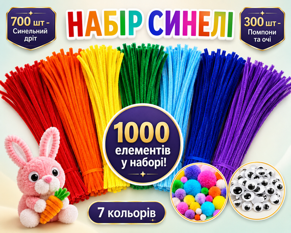Синельная проволока для творчества с помпонами и глазками 1000 шт, большой набор пушистые палочки шенил для поделок микс