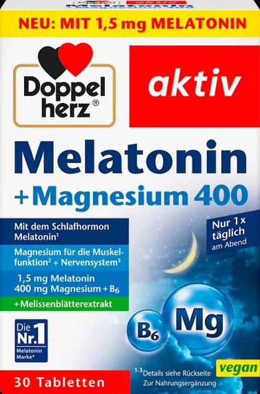 Doppelherz Melatonin + Magnesium 400 + B6 + екстракт меліси – для сну, нервової системи та м’язів, 30 шт., Німеччина