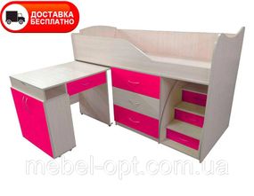 Кровать-комната Bed Room-5 малиновая (розовая), выдвижная лестница-комод, выдвижной стол, выбор цвета фасадов