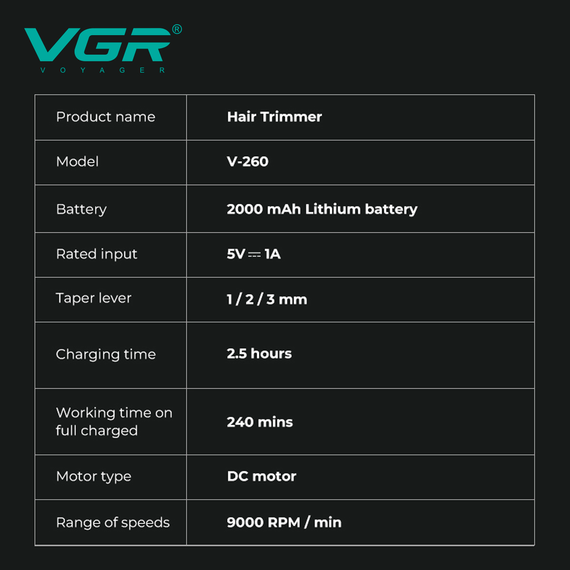 Триммер аккумуляторный для стрижки VGR V-260 RED, 3 насадки, 2000mAh, 9000 RPM, LED дисплей | Зображення 1