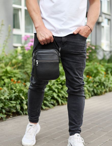 Чоловіча шкіряна барсетка 21х17х7, сумка для міста, компактний месенджер для щоденного використання, чорна