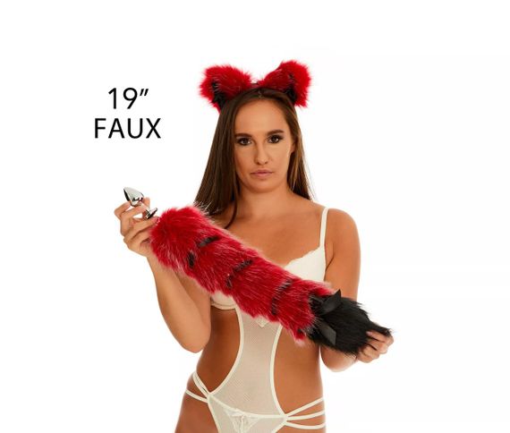 Анальний хвіст зі стрічкою без пробки, Темно-червоний з чорним кінчиком, OKOVA 50 см. Sex Aura