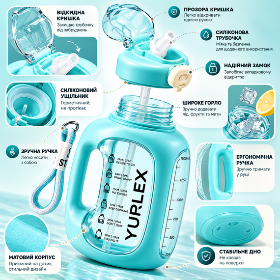 Спортивная эко-бутылка YURLEX 1500 мл (1,5 л) - бирюзовый градиент, матовая бутылка для воды с ручкой и трубочкой | Зображення 4