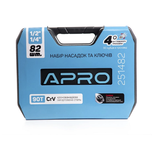 Набір насадок та гайкових ключів 90T 1/4"; 1/2" CrV 82 шт. APRO | Зображення 1