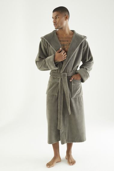 Чоловічий халат велюровий Nusa 7230 з капюшоном, хакі, 2XL | Зображення 6
