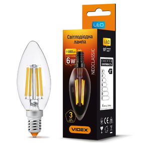 Лампа C37 6W E14 3000K 220V Filament LED Videx