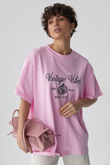 Оверсайз футболка з вишитими написами - рожевий цвет, ONE SIZE (є розміри) | Зображення 4