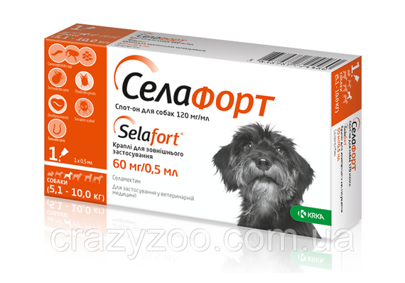 Капли против внешних и внутренних паразитов для собак KRKA Selafort от 5.1 до 10 кг 24580