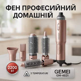 Гребінець-брашинг для об'єму волосся GEMEI, Малошумний фен для укладання волосся, Фен-щітка-гребінець IA-96
