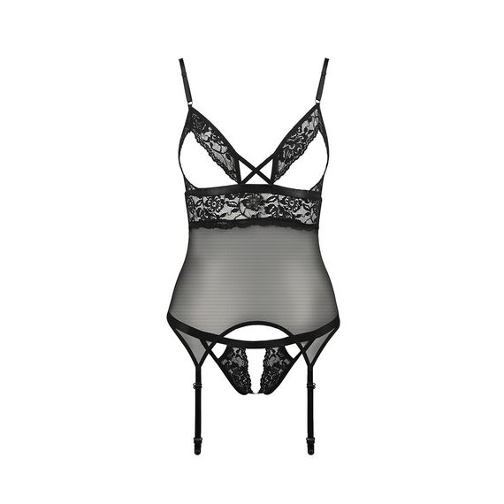 Корсет з відкритими грудьми Passion DIABOLINA CORSET S/M, black, пажі, трусики, напівпрозорий | Зображення 2