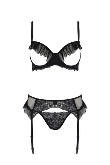 Комплект Passion KERRIA SET WITH OPEN BRA black, S/M, бюстгальтер з відкритою чашкою, стрінги, пояс для панчіх sexstyle | Зображення 2
