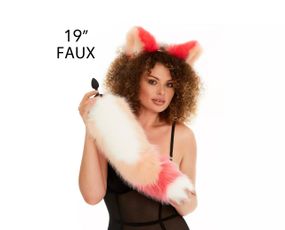 Анальний хутряний хвіст без пробки, Триколірний: Білий, персиковий, яскраво-рожевий з білим кінчиком, OKOVA 50 см. sexstyle