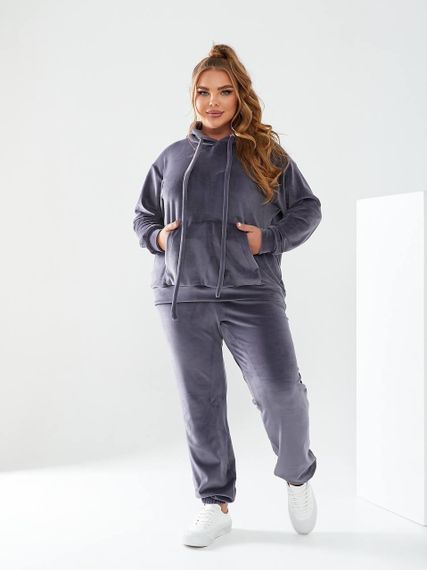 Женский велюровый спортивный костюм худи и штаны, большие размеры и батал, SS160 цвет серый, размер 56/60 | Зображення 1