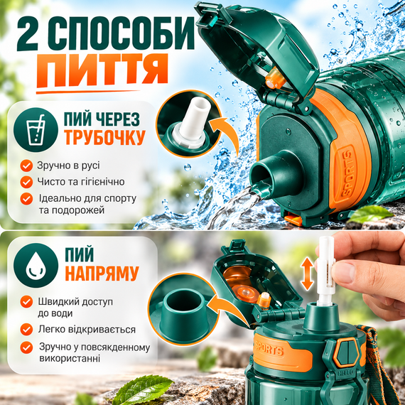 Спортивна пляшка KANGZYUAN 700 мл зелена — Tritan BPA-free, ударостійка пляшка для води з трубочкою та ремінцем | Зображення 7