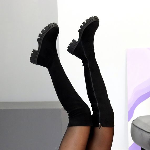 Высокие замшевые черные сапоги ботфорты  молния по всей длине | Зображення 8