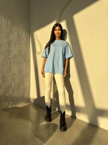 Женская футболка оверсайз трикотажная однотонная KV2024 цвет голубой, размер 42/52 onesize