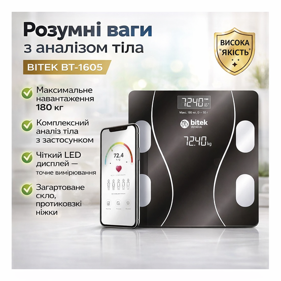 Ваги електронні побутові підлогові 180 кг скляні квадратні LED-екран App BITEK BT-1605