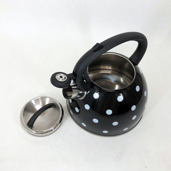 Чайник с свистком для газовой плиты Unique UN-5301 2,5л горошек, красивый чайник. Цвет: черный | Зображення 2