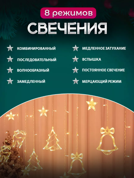Гірлянда-штора з формами дзвіночка, ялинки та оленя XPRO 12 PCS light 30 (GR- 46_296) | Зображення 3
