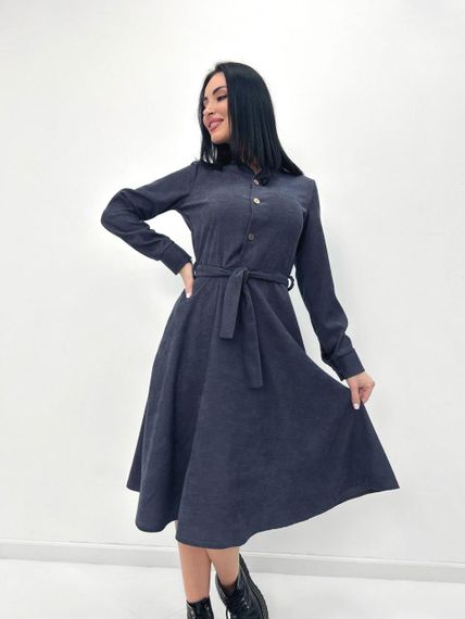Женское модное вельветовое платье миди с поясом GF08575 цвет темно-серый, размер 42/44