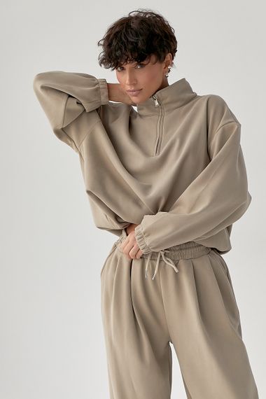 Зимовий однотонний спортивний костюм із затяжками - світло-коричневий цвет, L (є розміри) | Зображення 2