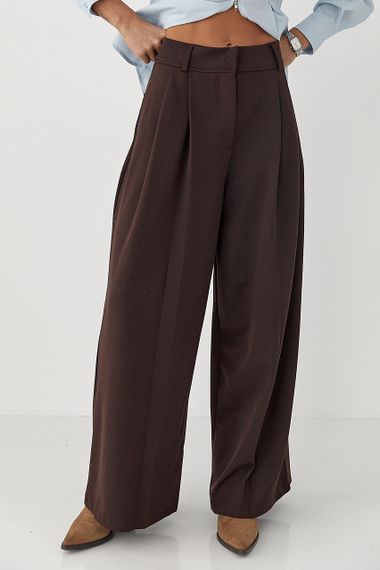 Класичні однотонні штани-палаццо зі складками - коричневий цвет, M (є розміри)