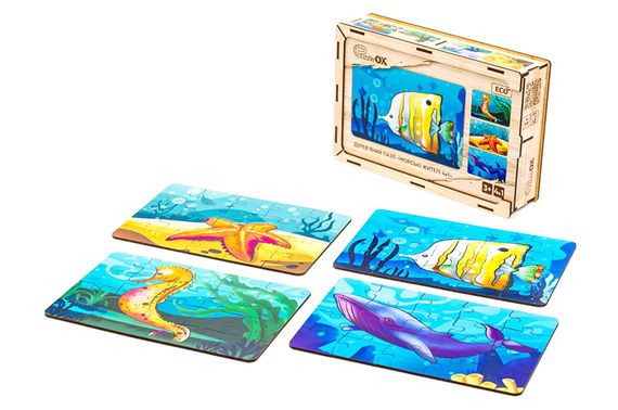 Пазл 4в1 "Морські жителі" дерев'яний, 15 елем., в малюнку  PuzzleOK | Зображення 1