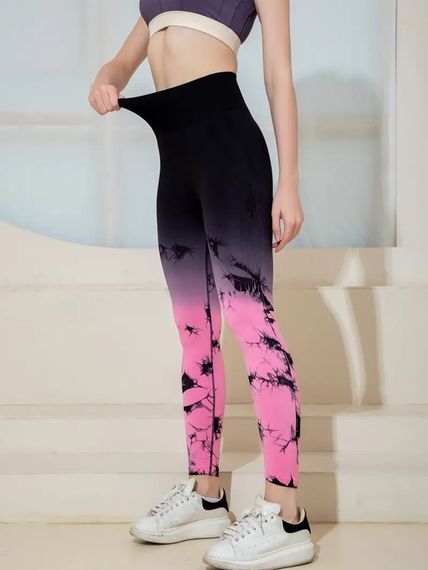 Легінси жіночі спортивні з пуш-ап Tie Dye gradient 18756 S чорні з рожевим | Зображення 2
