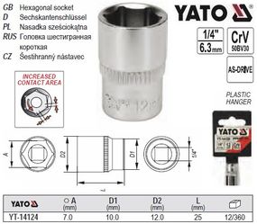 Головка торцевая 6-гранная 1/4" М7 Польша YATO YT-14124